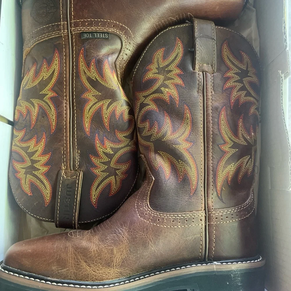 Justin Boots Brown Leather Western Work Boots with Red & Yellow Embroidery - Picture 1 of 9